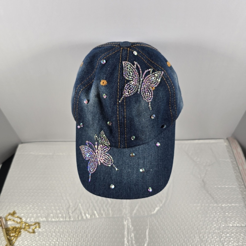 Y2K Style Denim Jeweled Butterfly Cap Adjustable - Picture 6 of 8